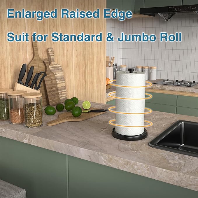 Paper Towel Holder Countertop, One-Handed Tear, Stainless Steel, Weighted Base - Image 2