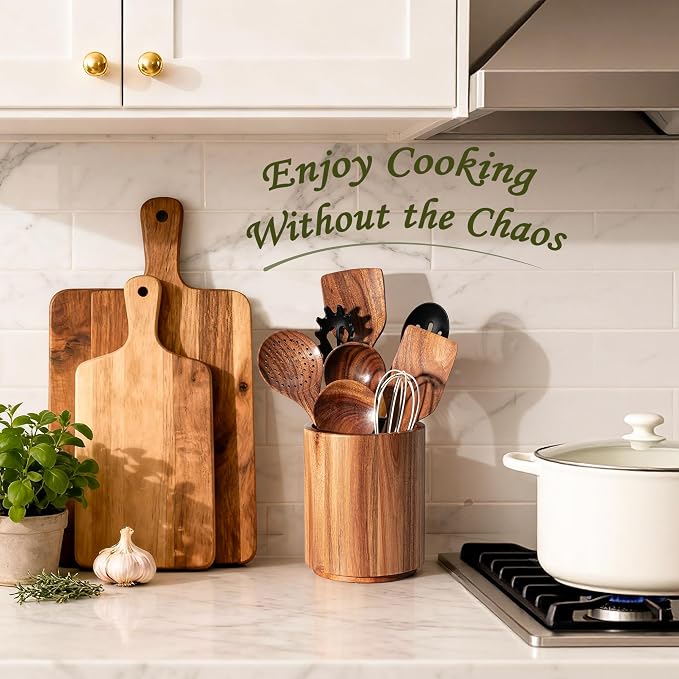 Criusia Utensil Holder 3 Pack, 360° Rotating Acacia Wood Cooking Utensil Crocks - Image 3