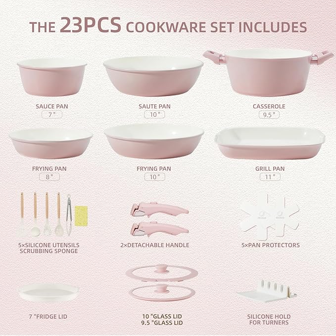 BECIGAR 23pcs Ceramic Pots and Pans Set, Nonstick Detachable Handle Cookware - Image 2