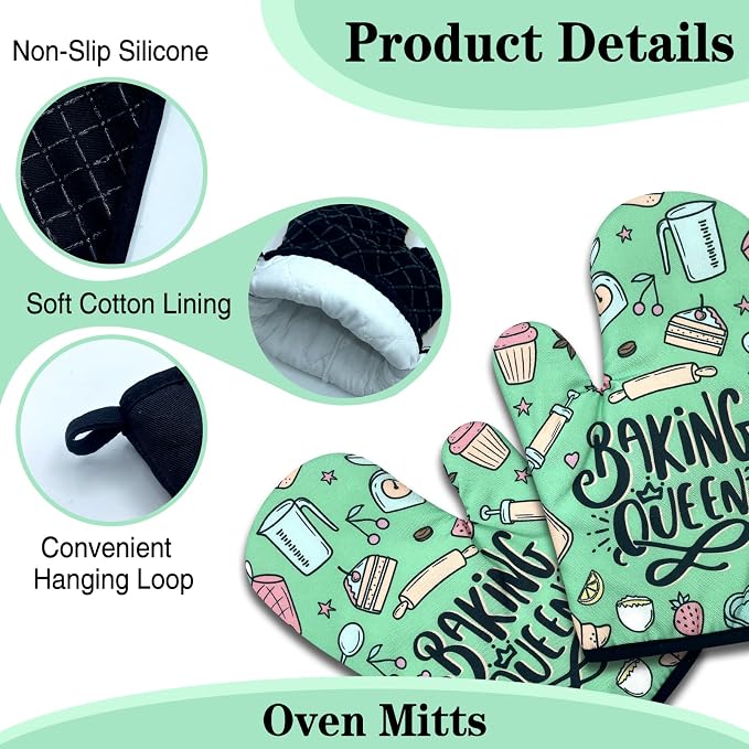 2 Pack Funny Baking Oven Mitts for Women, Baking Queen, Heat Resistant Silicone - Image 3