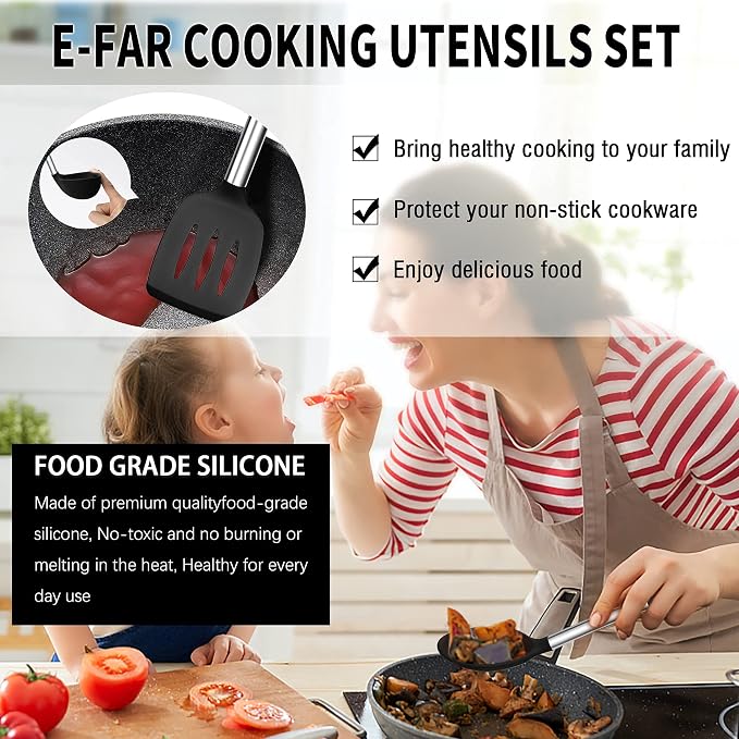 Silicone Cooking Utensils Set, E-far 14-Piece Black Kitchen Utensils Set - Image 4