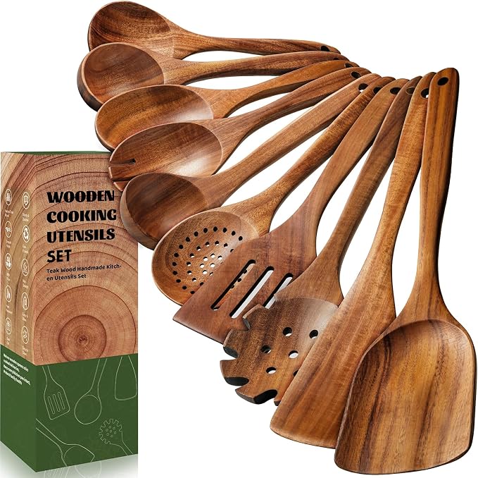 Terlulu 10 Pcs Wooden Spoons for Cooking, Natural Teak Wooden Kitchen Utensils by Terlulu