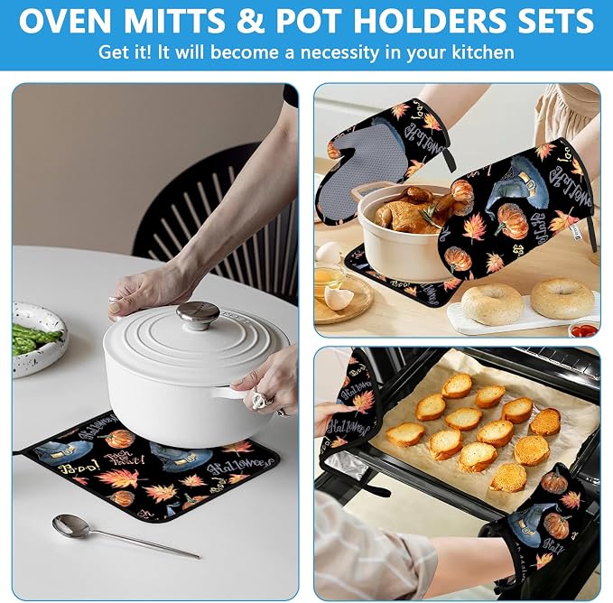 Halloween Pumpkin Autumn Maple Leave Oven Mitts and Pot Holders Sets Heat - Image 6
