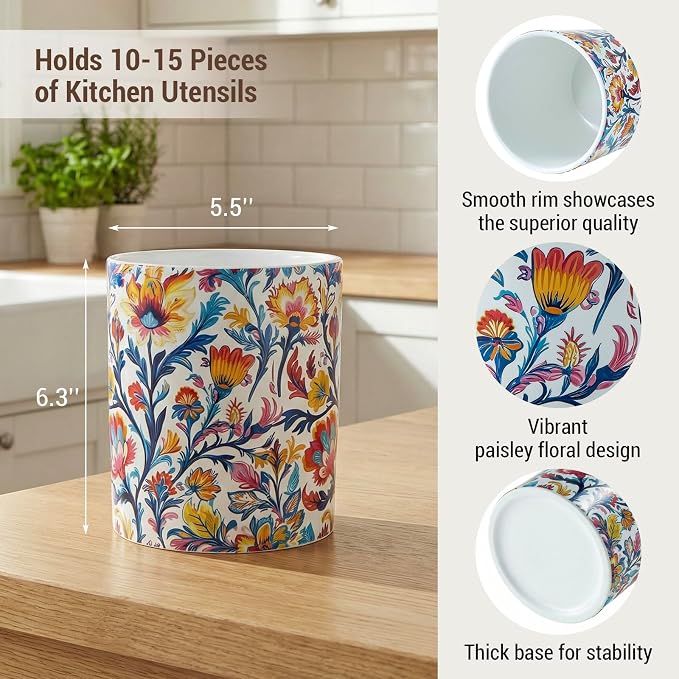 MyGift Vibrant Paisley Floral Ceramic Kitchen Utensil Holder – Decorative Crock - Image 5