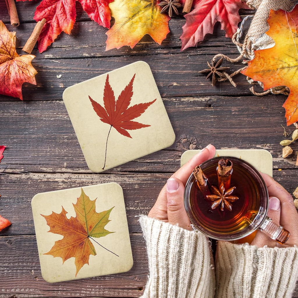 FYSUIMU 4 Pcs Fall Leaves Coasters Autumn Maple Leaf Square Ceramic