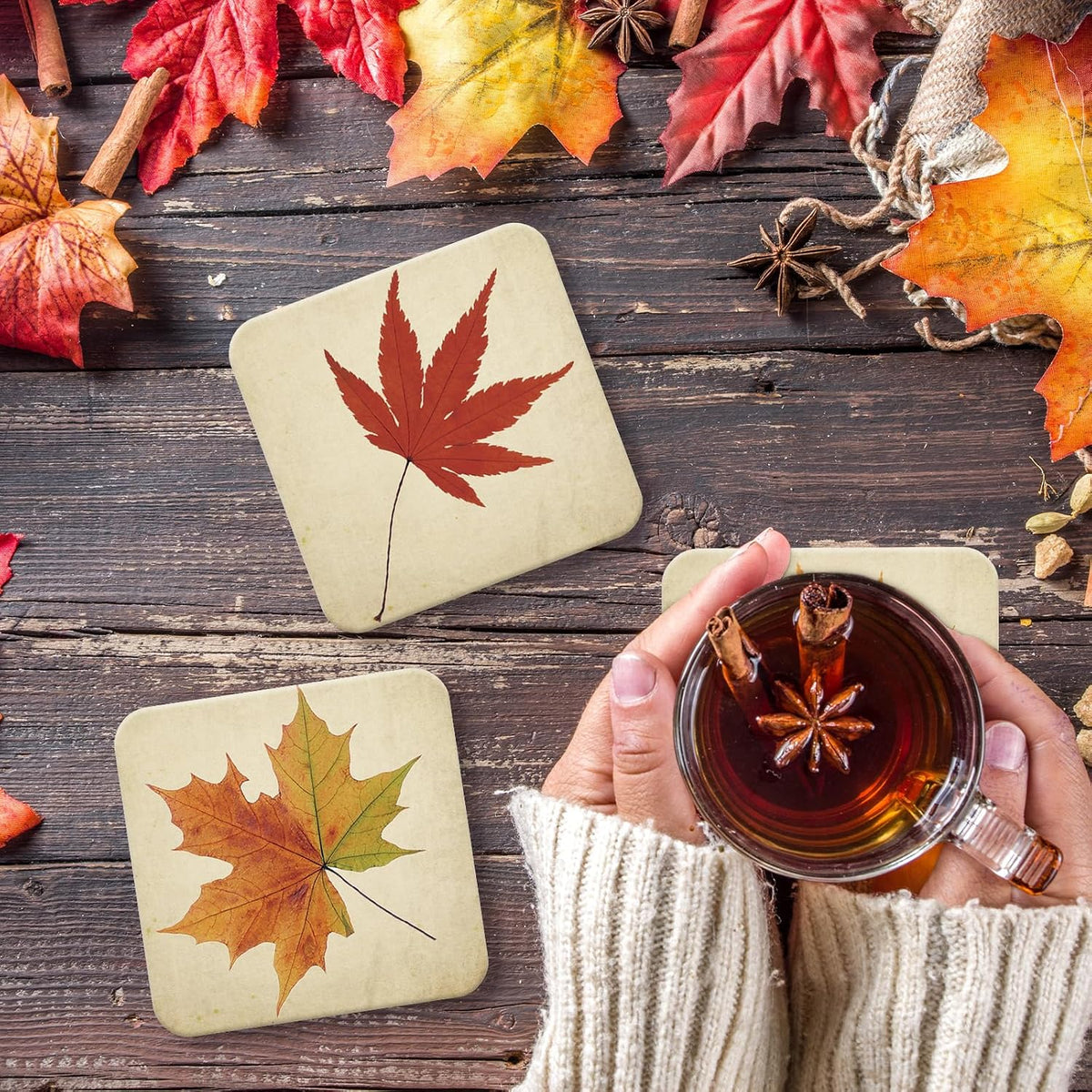 FYSUIMU 4 Pcs Fall Leaves Coasters Autumn Maple Leaf Square Ceramic