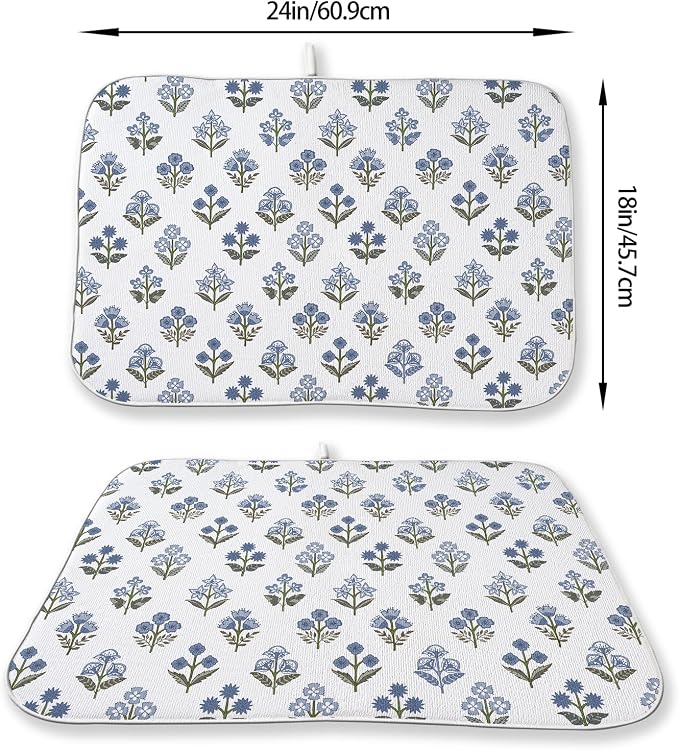 Blue Green Dish Drying Mat 18x24 Inch Vintage Block Print Floral Drying Mat - Image 2