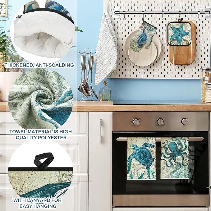 6 Pcs Sea Ocean Beach Kitchen Towels Pot Holders and Oven Mitts Set Coastal - Image 2