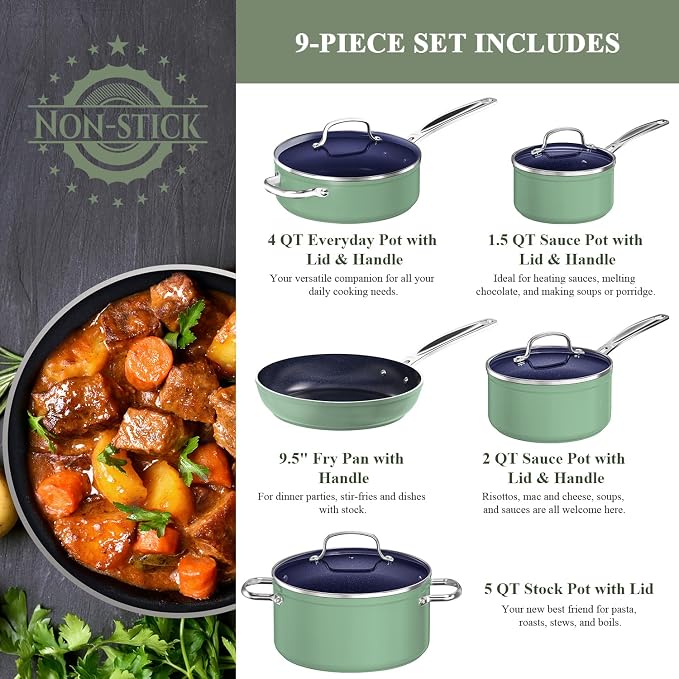 Nuwave 9pc Cookware Set Healthy Duralon Blue Ceramic Nonstick Coated, Diamond - Image 2
