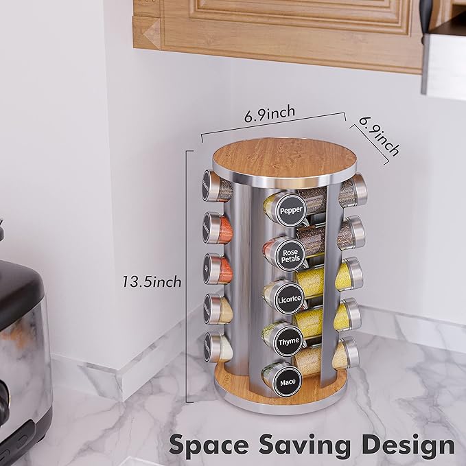 Revolving Spice Rack Set with 20 Spice Jars, Kitchen Spice Tower Organizer - Image 4