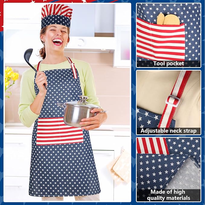 SATINIOR USA 4th of July Flag Kitchen Chef Hat Adjustable Apron 250th - Image 3
