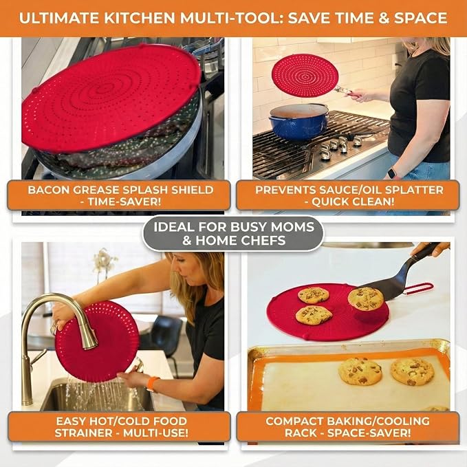 Silicone Splatter Screen for Frying Pan, 13” Red – Grease & Oil Splatter Guard - Image 4