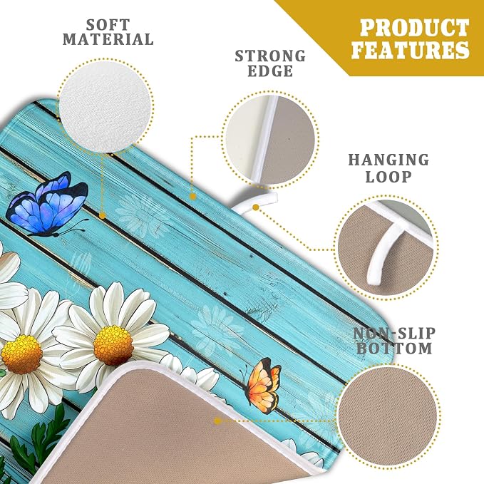 Daisy Dish Drying Mat for Kitchen Counter 16x18in Turquoise Daisy Old Wooden - Image 4