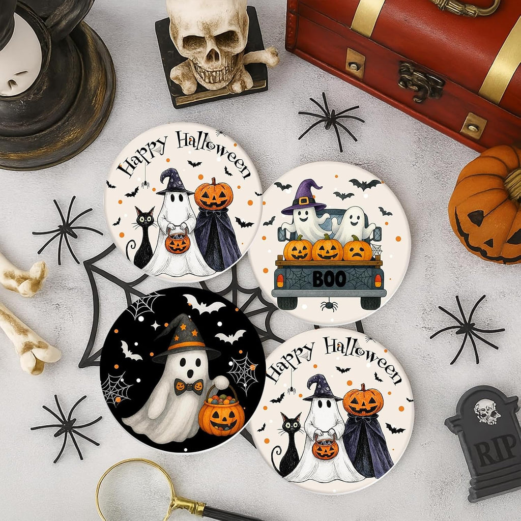 Halloween Coasters for Drinks, Set of 6, Pumpkin Ceramic Stone