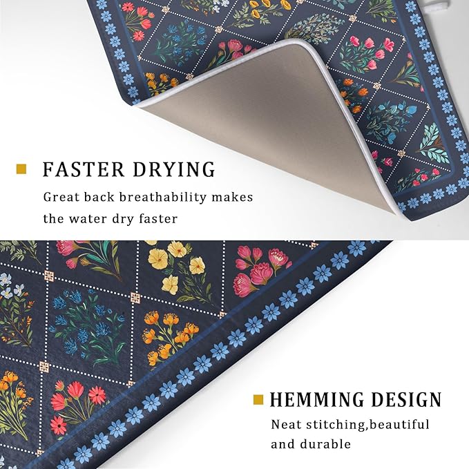 Lapis Blue Dish Drying Mat for Kitchen Counter Flowers Microfiber Absorbent - Image 3