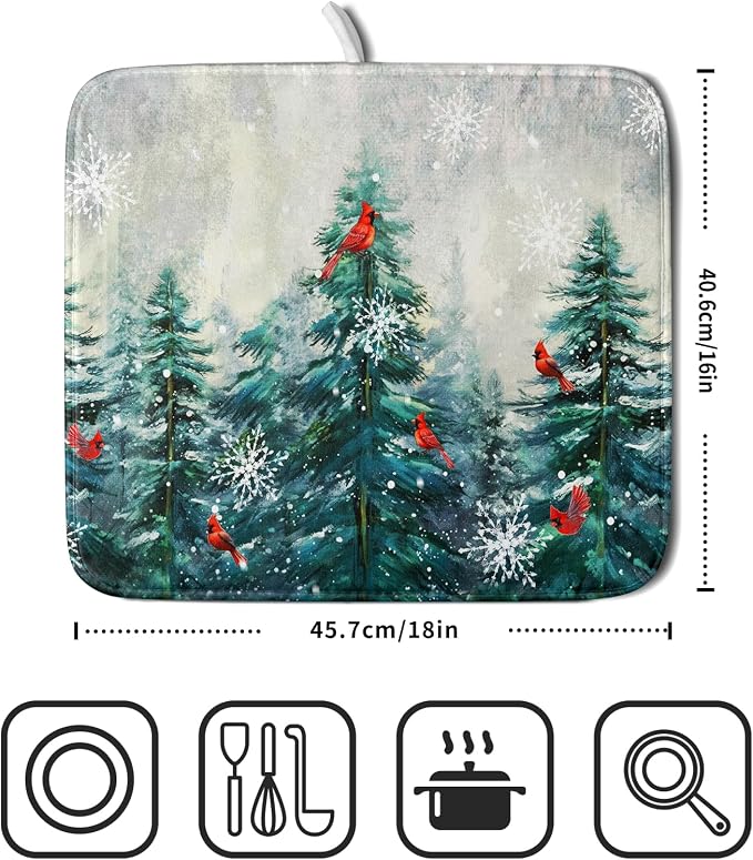 Pine Tree Dish Drying Mat for Kitchen Countertop Red Bird Dishes Mats Winter - Image 2