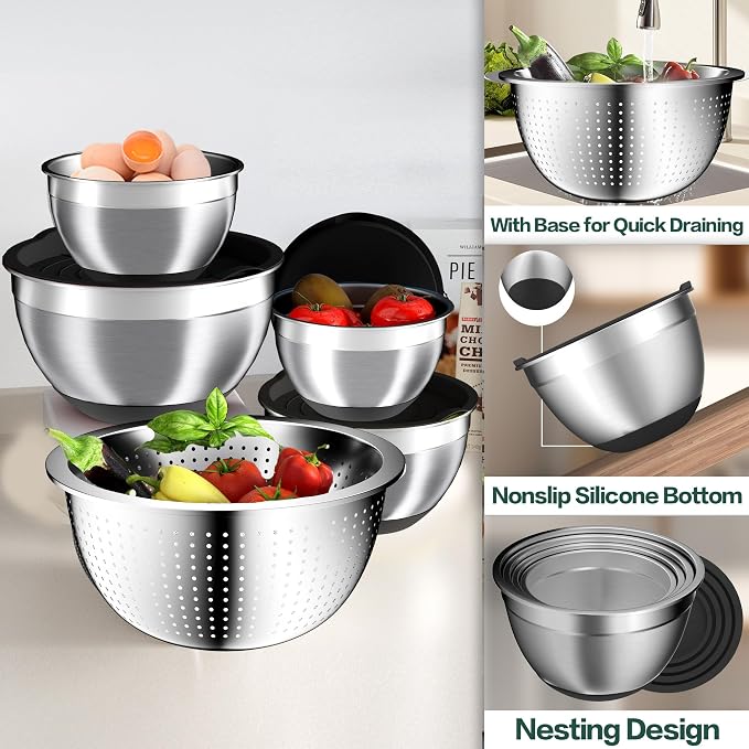 Mixing Bowls with Airtight Lids Set, 4 Stainless Steel Bowls Nesting Bowls & - Image 7