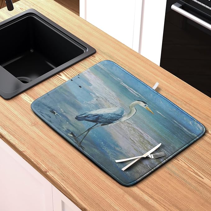 Summer Blue Dish Drying Mat for Kitchen Counter 16x18 Inch Heron Coastal Beach - Image 6