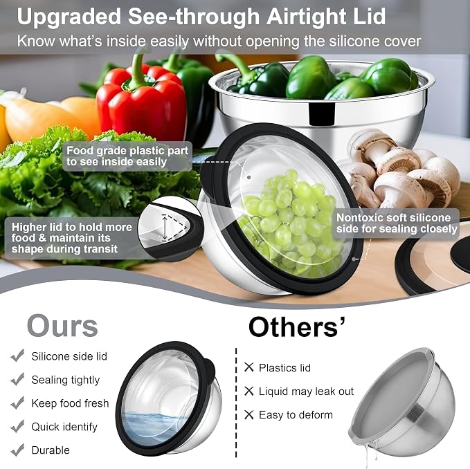E-far Mixing Bowls with Lids and Graters, Stainless Steel Salad Mixing Bowl - Image 2