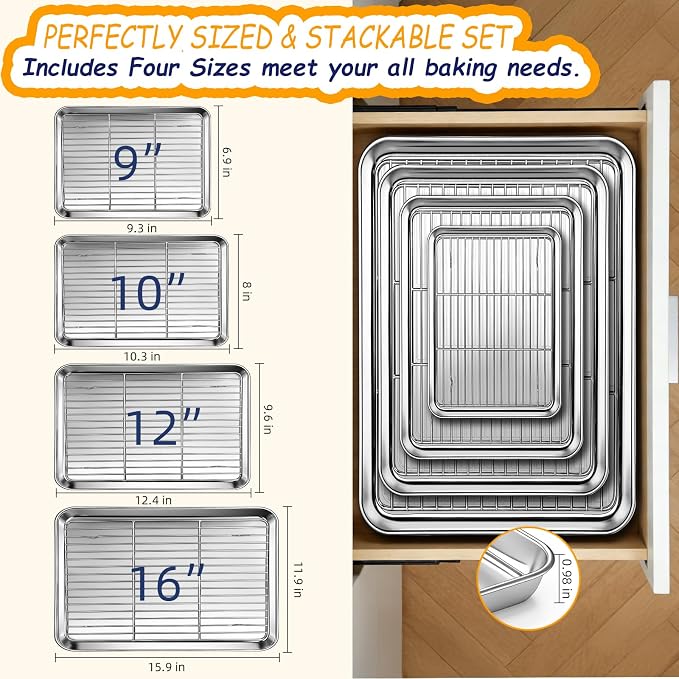 Baking Sheet Pan Set of 8, CEKEE Stainless Steel Cookie Sheets - Image 3