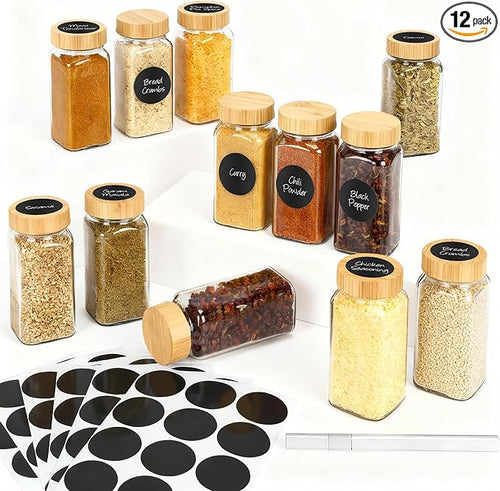 12Pcs Spice Jars with Label, 4oz Empty Square Seasoning Containers, Spice Jars by DIDITIME