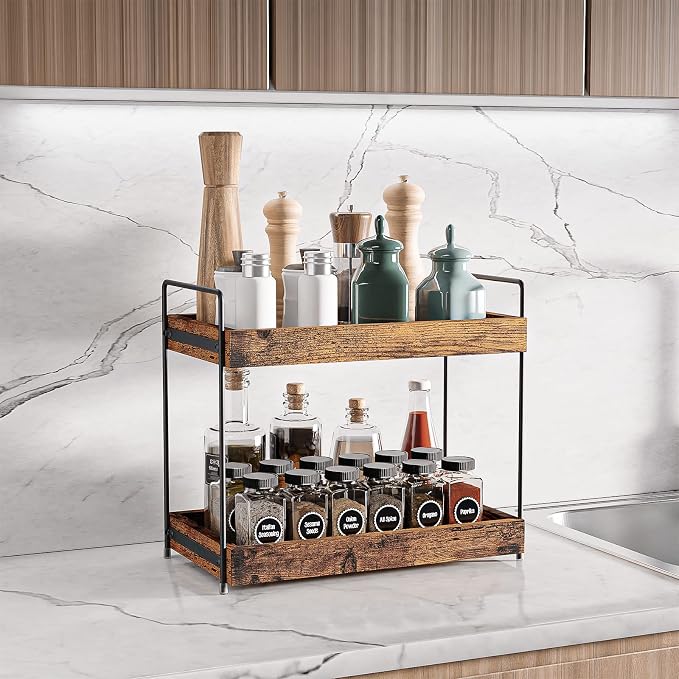 2-Tier Bathroom Counter Organizer, Wood Kitchen Countertop Spice Rack, Vanity - Image 2