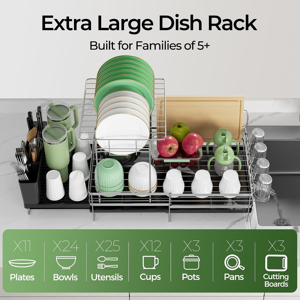 Large 2 Tier Dish Drying Rack, Extendable Dish Rack, Stainless Steel
