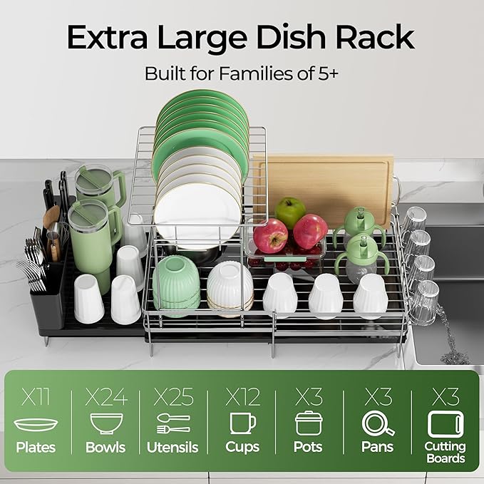 Large 2 Tier Dish Drying Rack, Extendable Dish Rack, Stainless Steel Anti-Rust - Image 3