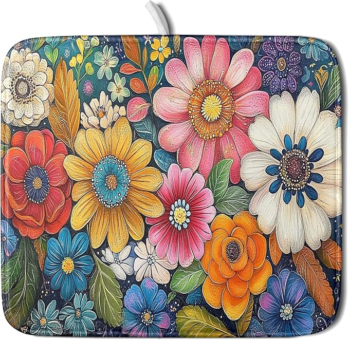 Giwawa Boho Flower Dish Drying Mat, Colorful Floral Leaf Dish Drainer Mats by Giwawa