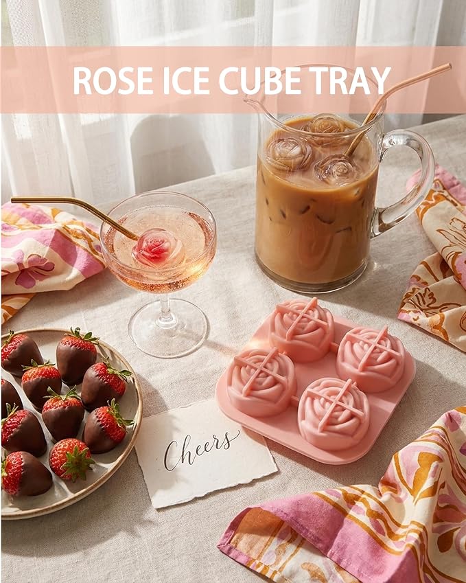 Rose Ice Cube Tray, 4 Cavity 3D Flower Shaped Silicone Ice Mold - Image 2