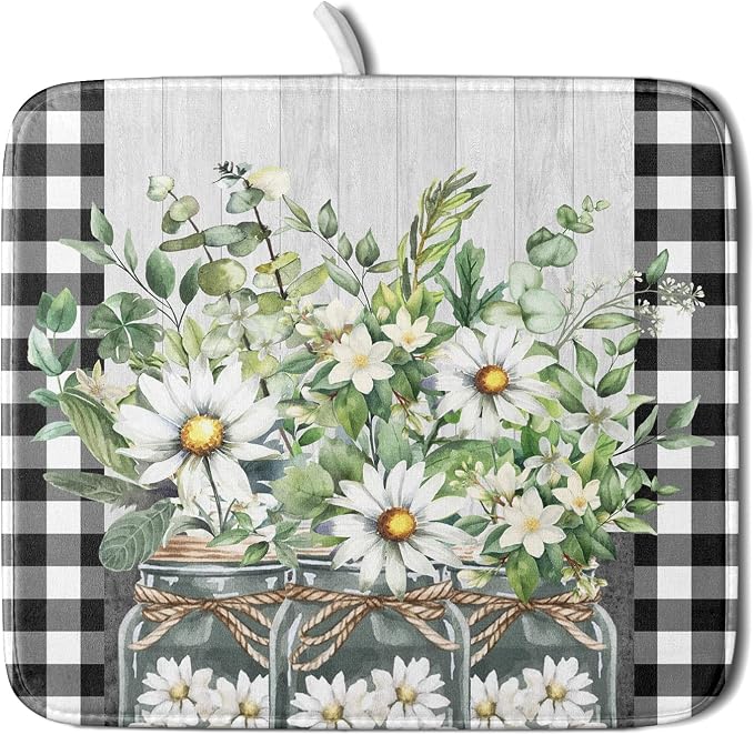 Spring Summer White Daisy Flowers Dish Drying Mat by Kawani