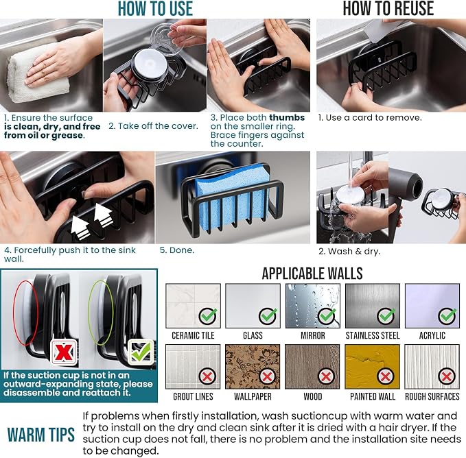 TAILI Sink Caddy with Strong Suction Cup, Sponge Holder - Image 7