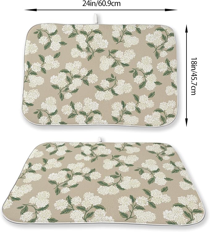 Beige Dish Drying Mat 18x24 Inch Khaki Green Vintage Floral Hydrangea Flower - Image 2