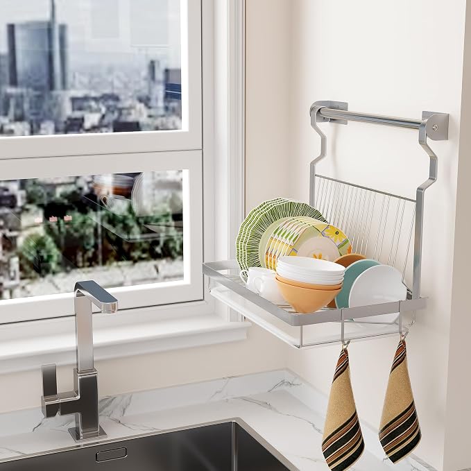 TQVAI Over Sink Dish Drainer Drying Rack, Stainless Steel Foldable Wall Mounted - Image 4
