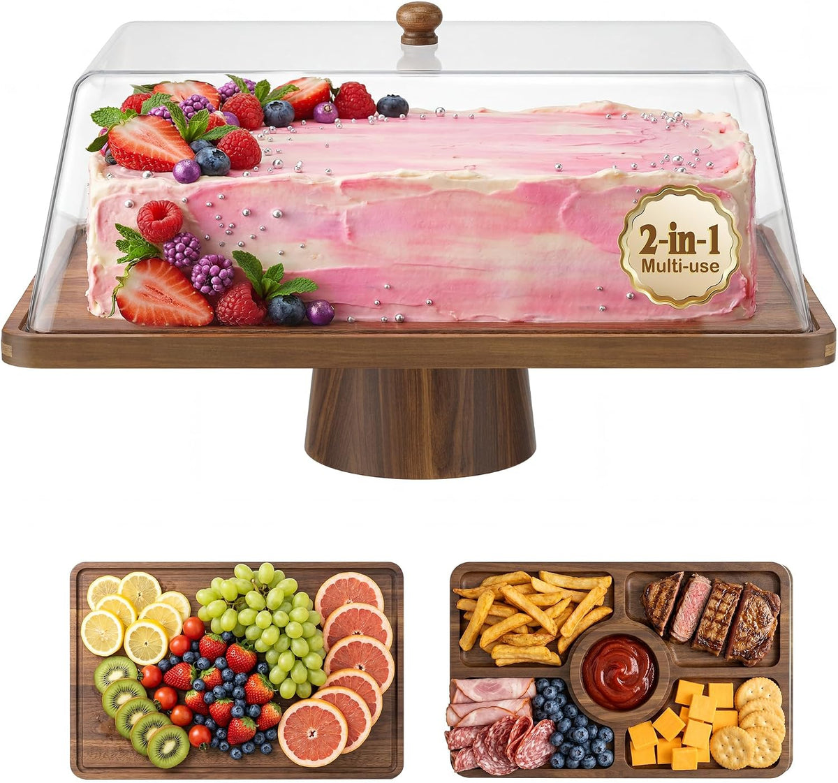 Acacia Wood Cake Stand with Shatterproof Lid, 14" 2-in-1 Rectangle
