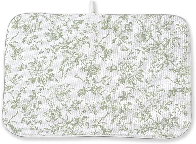 Sage Green Floral Dish Drying Mat 18 x 24 Inch Vintage Light Green Floral by Sorktse