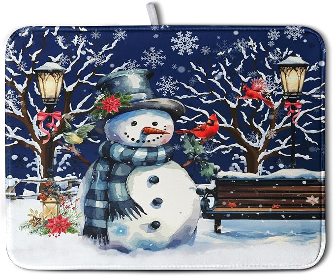 Winter Snowman Dish Drying Mat for Kitchen Counter 18x24, Xmas Snowflakes Dish by Kwlegh