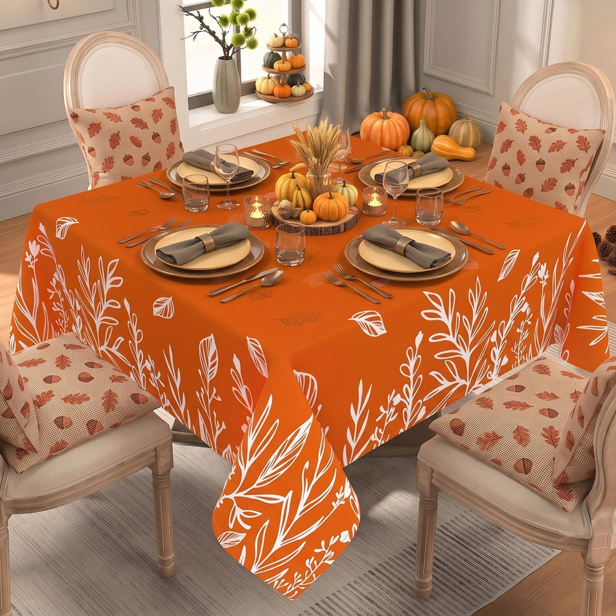Orange Fall Tablecloth Square 52x52 Inch, Stain Resistant Washable