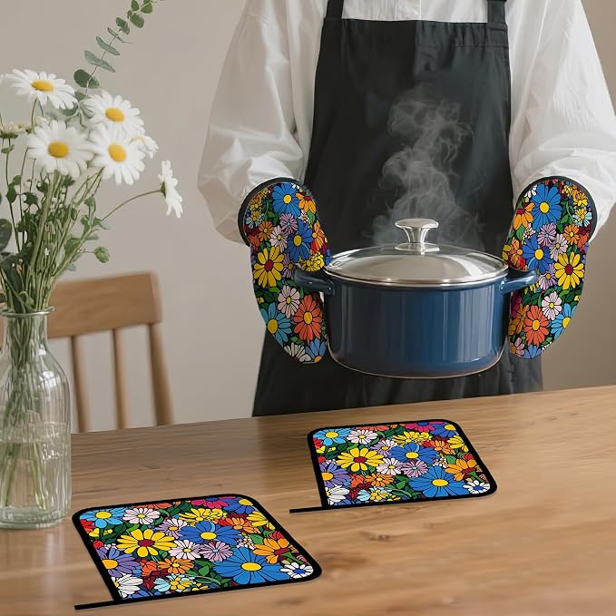 Abstract Hippie Flower Oven Mitts and Pot Holders, Heat Resistant Oven Mitts - Image 7