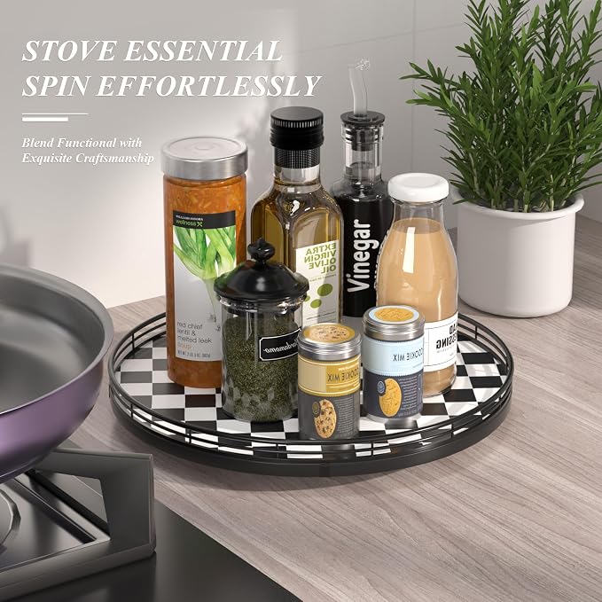Black and White Kitchen Lazy Susan Turntable – Checkered Round Decorative Tray - Image 5