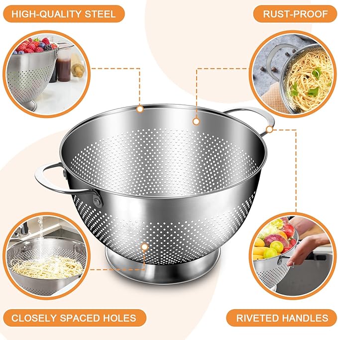 Stainless Steel Colander for Kitchen | 5 Quart Durable Rice and Pasta Strainer - Image 7