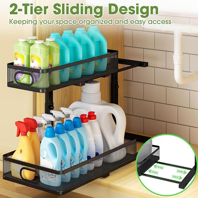 Under Sink Organizer 2-Pack, Metal 2-Tier Pull-Out Cabinet Shelf - Image 7