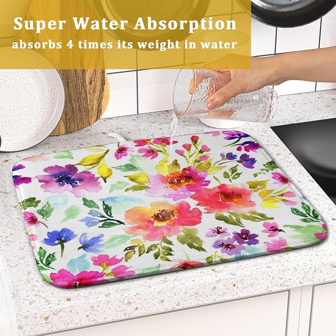Spring Floral Dish Drying Mat for Kitchen Counter Flower Microfiber Absorbent - Image 7