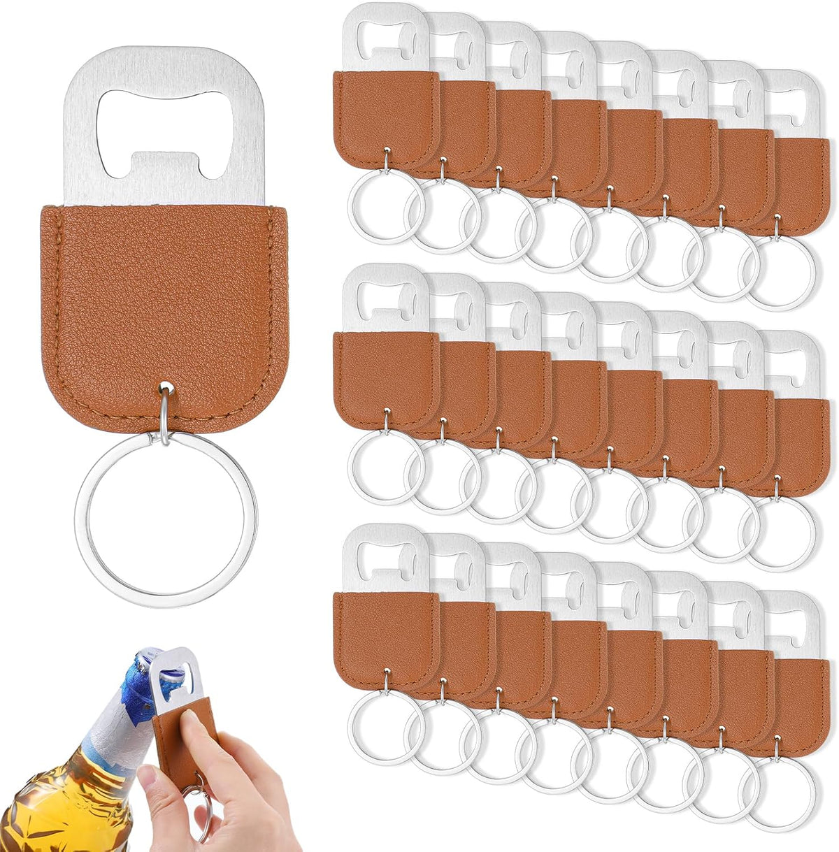 24 Pack Brown Leather Stainless Steel Bottle Opener Keychain
