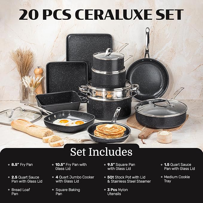 Granitestone Ceraluxe 20 Pc Ceramic Cookware Set Nonstick, Complete Pots and - Image 2