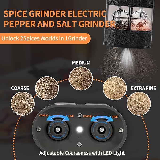 Dual Chamber Electric Pepper and Salt Grinder, Rechargeable Salt and Pepper - Image 3