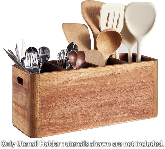 16" Wooden Kitchen Utensil Holder, Extra Large Acacia Wood Organizer - Image 6