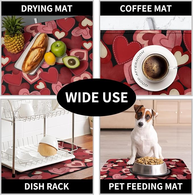 Valentine Dish Drying Mat for Kitchen Counter Red Black Love Heart Drying Pad - Image 7