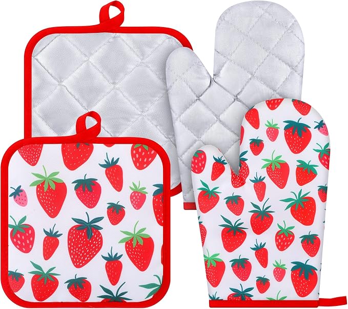 4 Pcs Oven Mitts and Pot Holders Cute Strawberry Oven Gloves and Pot Holders by Unknown
