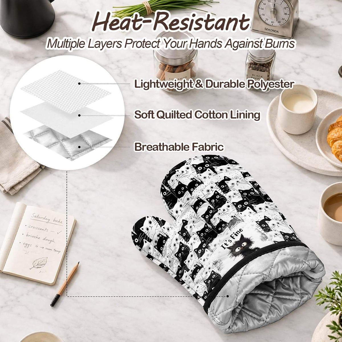 Black Cat Oven Mitts and Pot Holders Sets 3PCS, Cat Silicone Heat